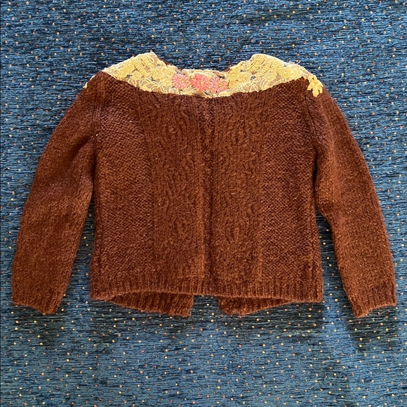 Free People Cottagecore Brown Cardigan with Floral beading and lace Embroidery - Picture 7 of 13